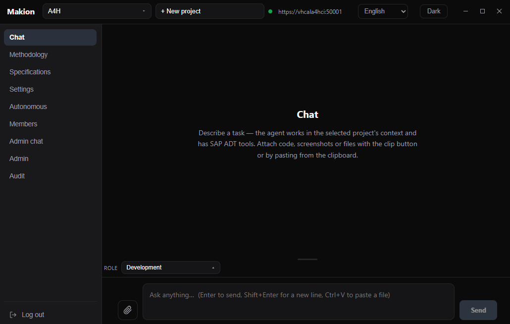 Screenshot of the Makion chat: the Development role selected, a user message, execution steps all the way to activating a SAP object