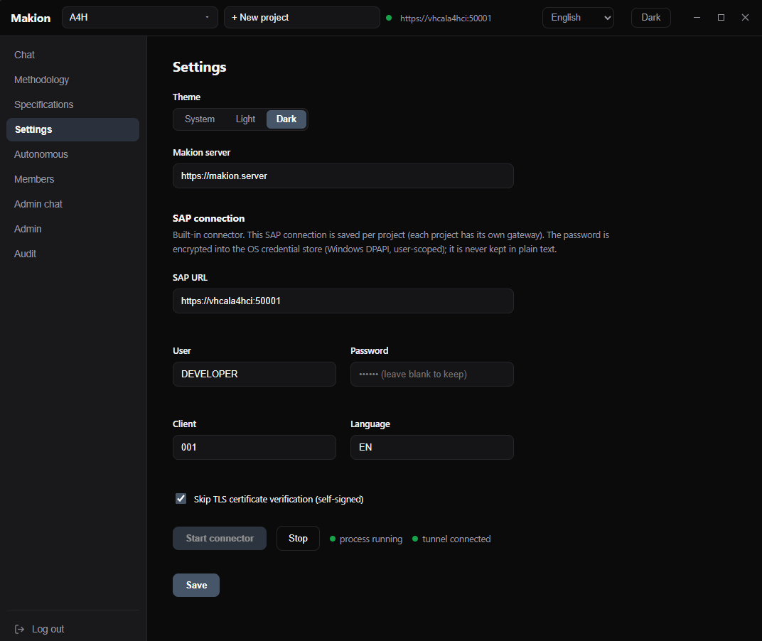 Screenshot of Makion settings: engines, projects, SAP connection, autonomous mode